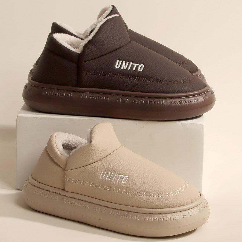 新款PU皮面防水简约情侣包跟棉拖鞋H男女士居家厚底防滑保暖棉靴