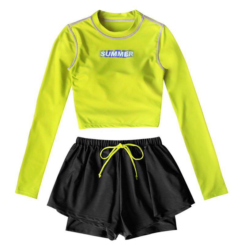 时尚运动风长袖泳衣女孩分体式三件套显瘦遮肉辣妹泡温泉保守泳装