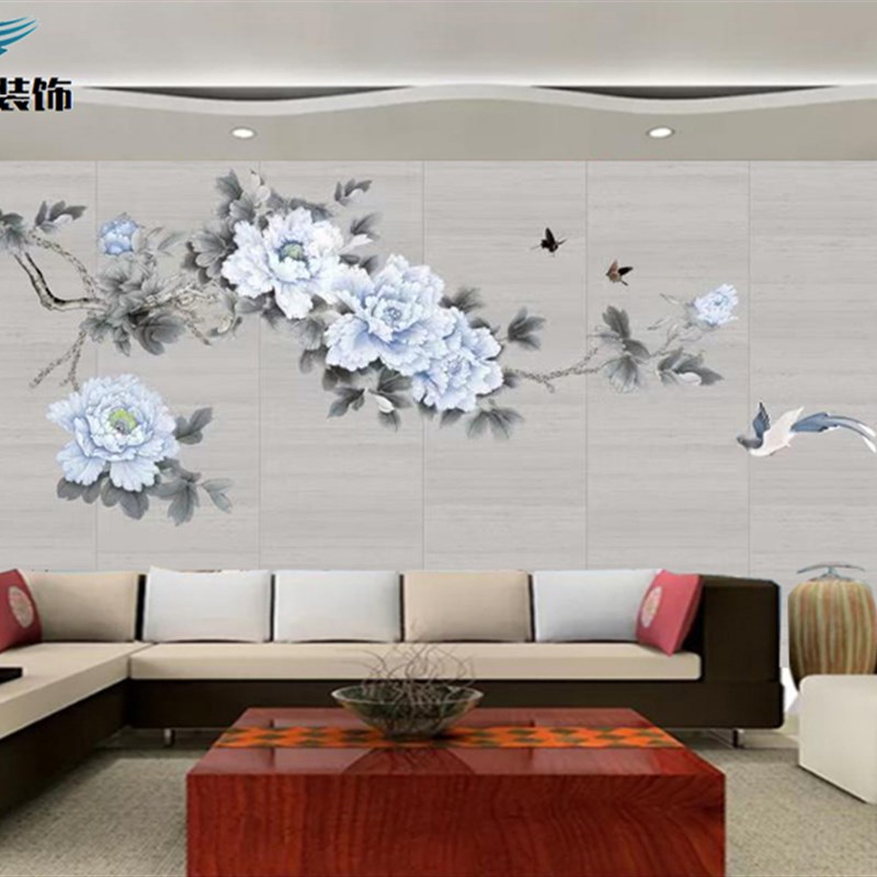新中式牡丹刺绣硬包背景墙电视卧室床头沙发独绣壁画软装软包装饰图片