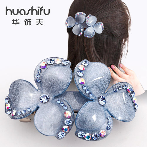 水钻花朵横夹韩版简约马尾扣大号弹簧夹一字夹韩式发夹后脑勺卡子
