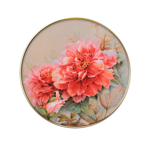 新中式圆形花开富贵玄关装饰画牡丹进门入户背景墙壁挂画现代简约