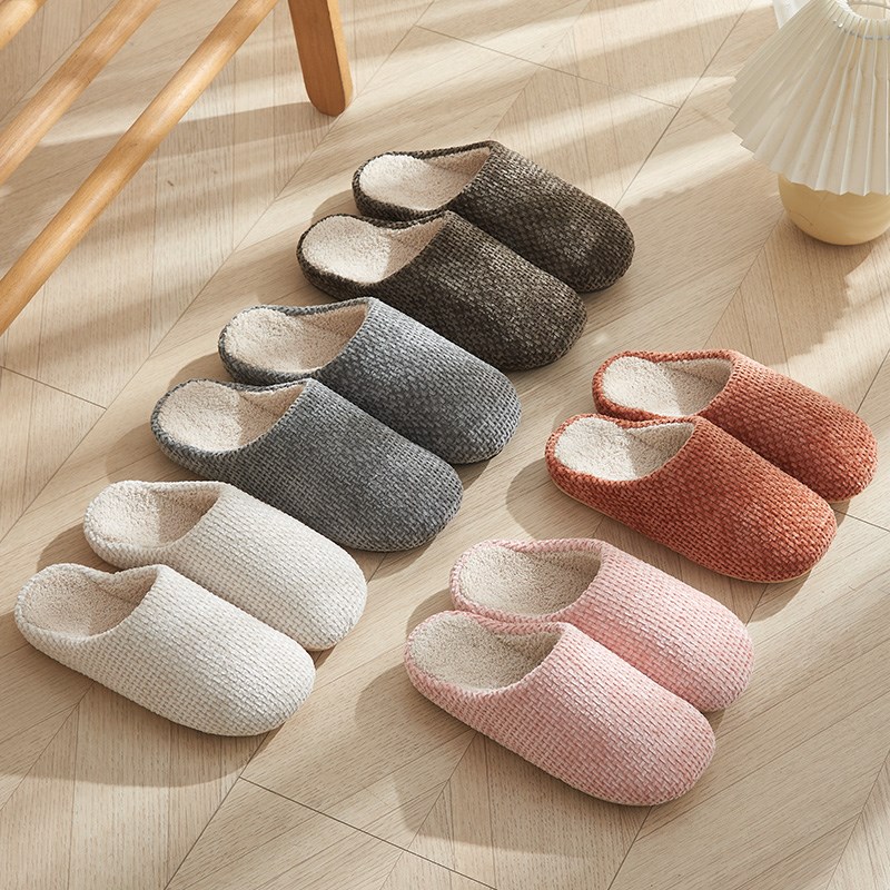 拖鞋女冬季家居室内保暖厚底情侣家用简约木地板防滑毛绒棉拖鞋男