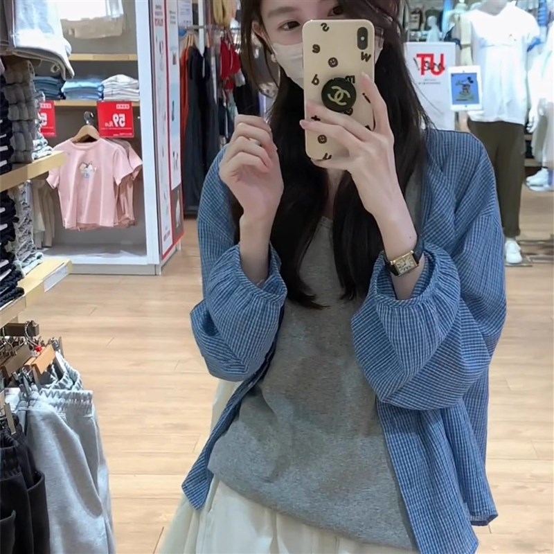 防晒格子衬衫女薄款夏季2025新款韩版宽松高级感小个子衬衣小衫