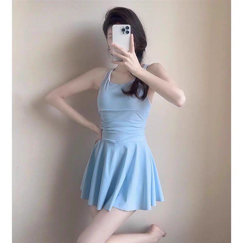 游泳馆泳衣女款夏连体平角蓝色小个子泳池微胖女孩遮肉保守高级感