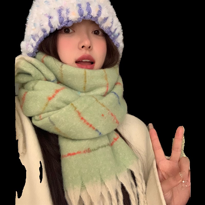 围巾女冬季2024新款条纹日系披肩百搭高级感保暖加厚防寒护颈白色
