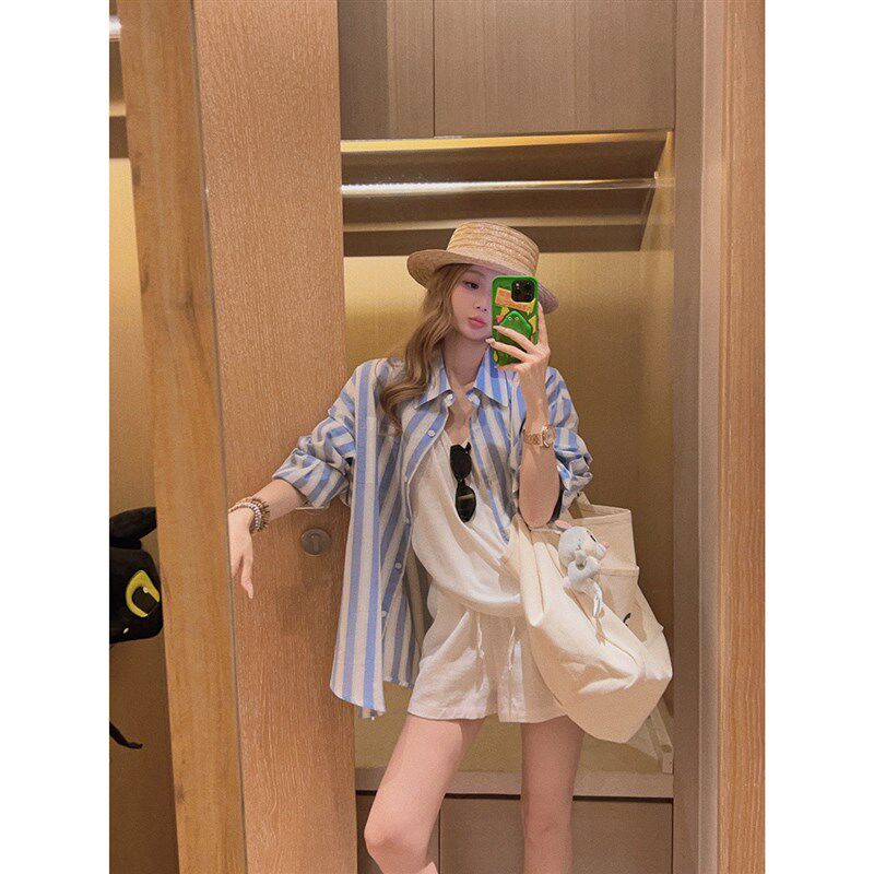 Yukiss【清爽薄料!蓝z白条纹宽松衬衫/防晒空调衫】