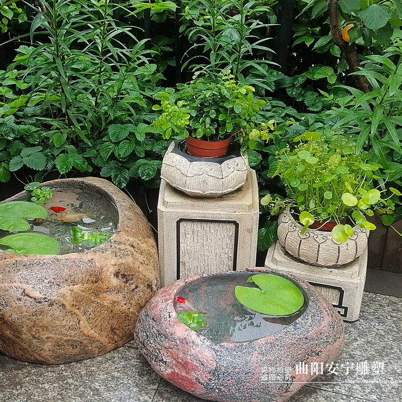 庭院石雕鹅卵石鱼缸天然原石花园流水石槽露台景观装饰大号石盆