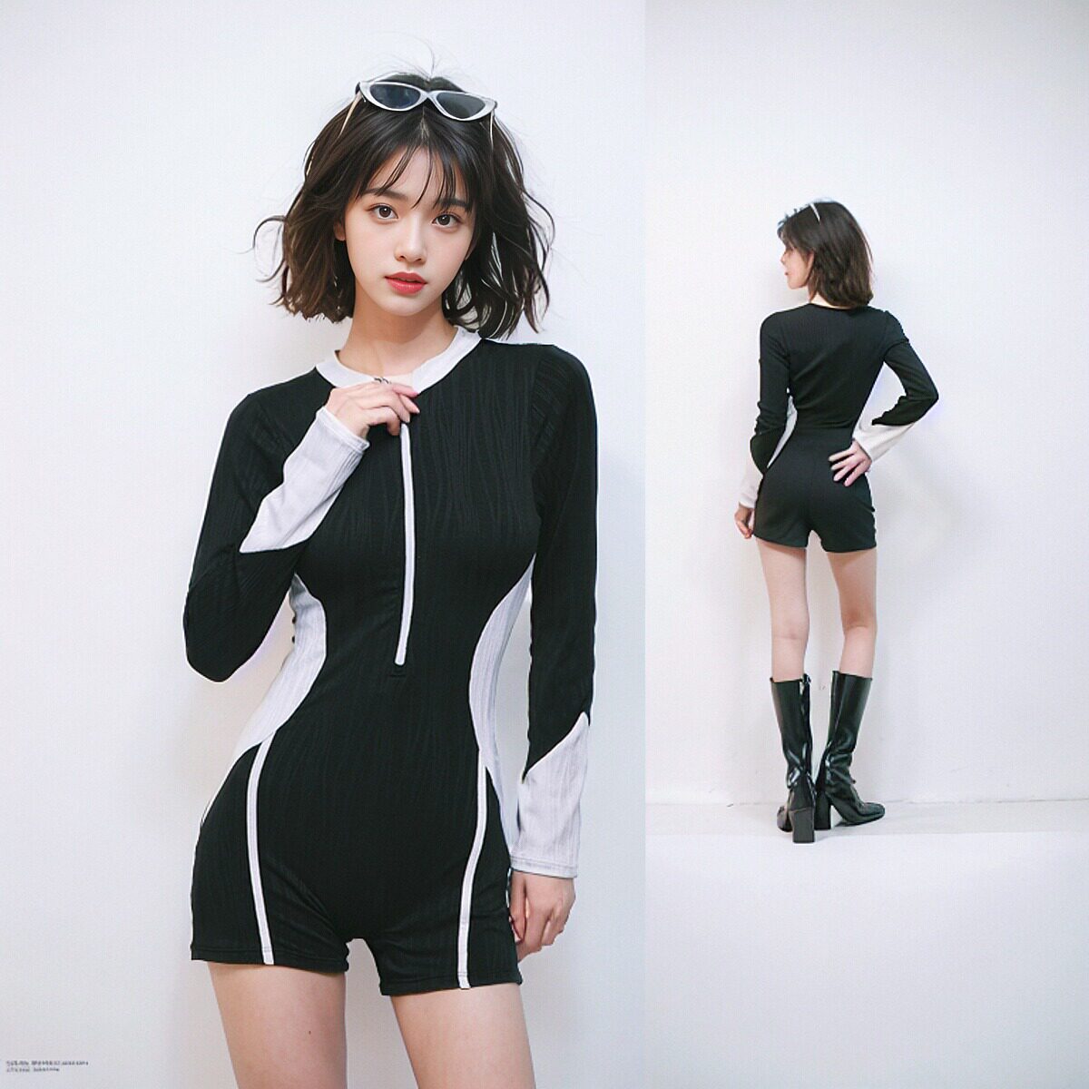 泳衣长袖b女黑色连体带胸垫保守风2024夏季新款高级感显瘦游泳衣