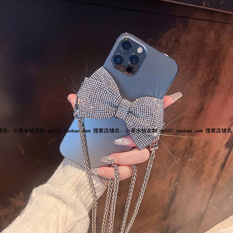 手机背夹镶钻女士新款斜挎高级感手机链条挂绳夹扣奢华蝴蝶结挂链