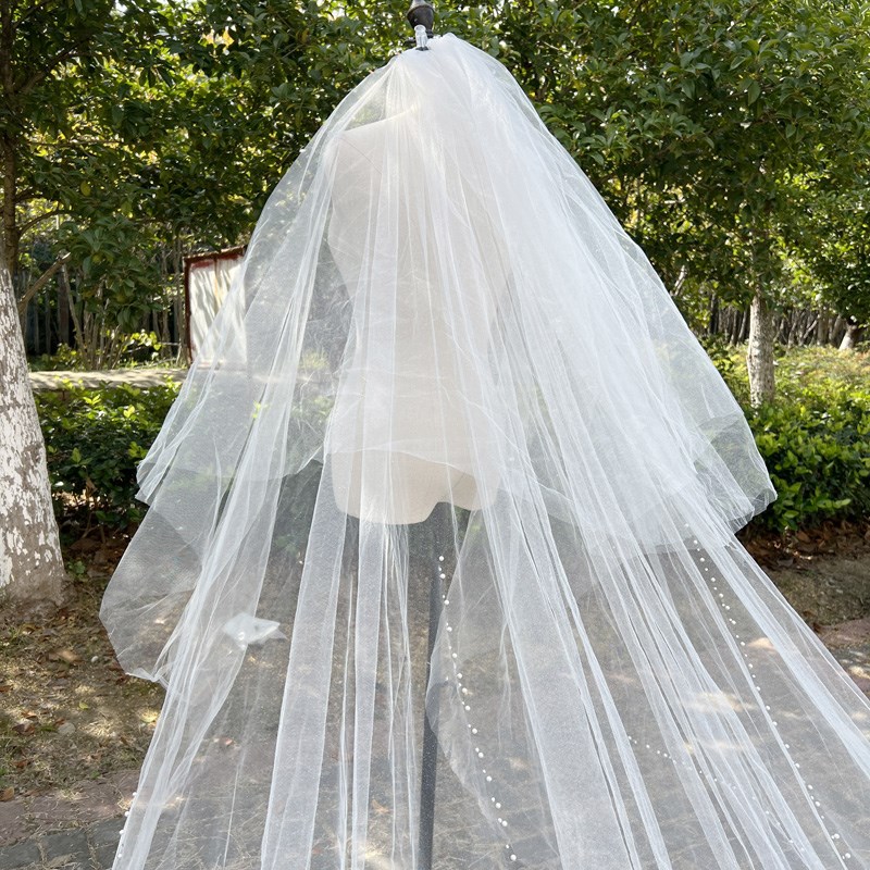 头纱新款新娘主婚纱白色蕾丝长款拖尾双层精美拍照道具配件遮面女