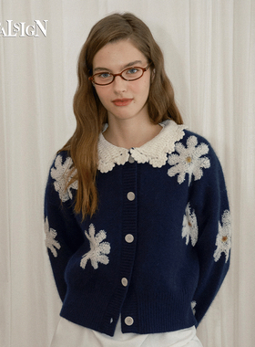 VitalSign女款秋冬季休闲法式甜美雏菊羊毛针织开衫女款翻领毛衣