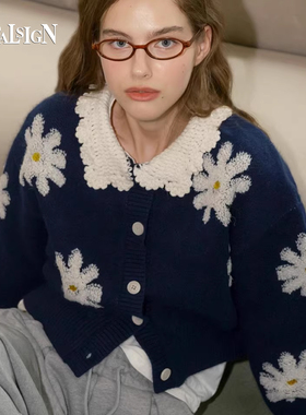VitalSign官方早秋女款毛衫可爱翻领雏菊手工羊毛针织毛衣开衫