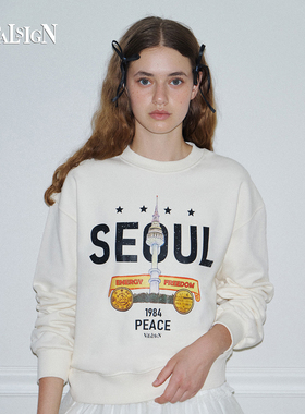 VitalSign女款卫衣SEOUL首尔塔印花早秋圆领精致长袖套头休闲百搭