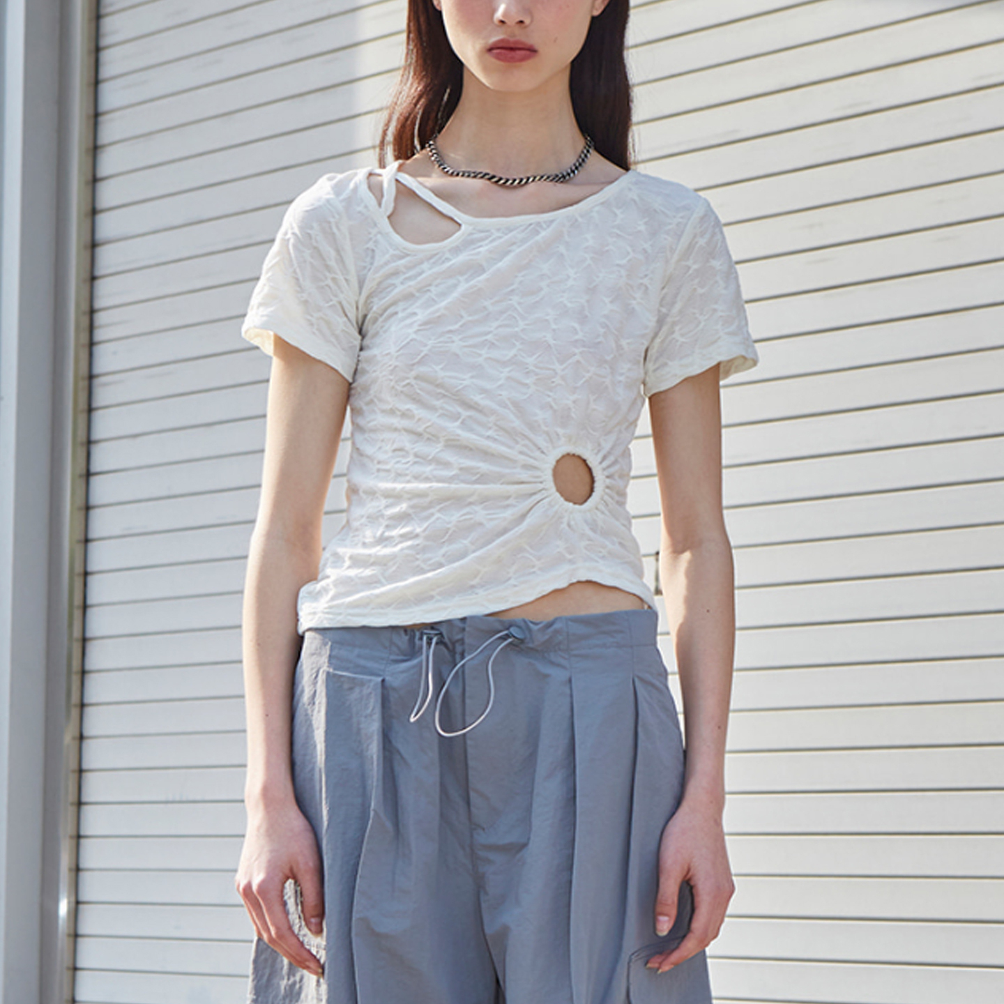 VitalSign镂空褶皱绑带T恤设计感系带不规则收腰显瘦