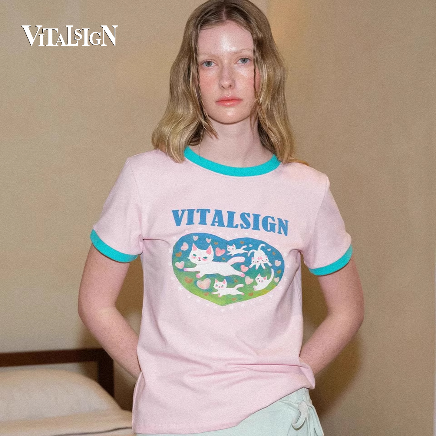 VitalSign粉色薄荷绿撞色短袖T恤