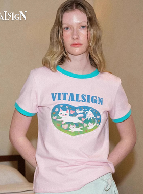 VitalSign粉色薄荷绿撞色拼接领口修身显瘦猫咪印花短袖女款T恤