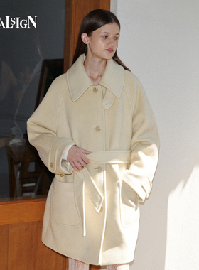VitalSign法式极简风羊毛双面呢大衣女款翻领收腰中长款毛呢外套