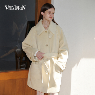 VitalSign法式极简风羊毛双面呢大衣女款翻领收腰中长款毛呢外套