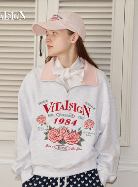 VitalSign早秋新款女款半拉链翻领复古玫瑰刺绣拼色套头绒衫卫衣