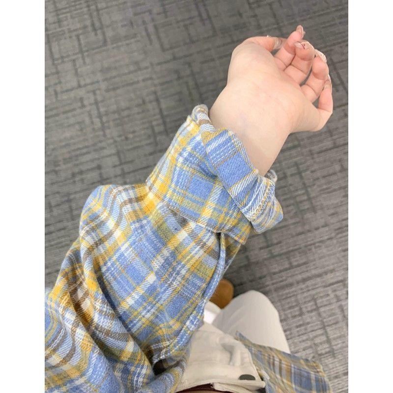 格子衬衫女款外穿撞色复古格子长衬衫
