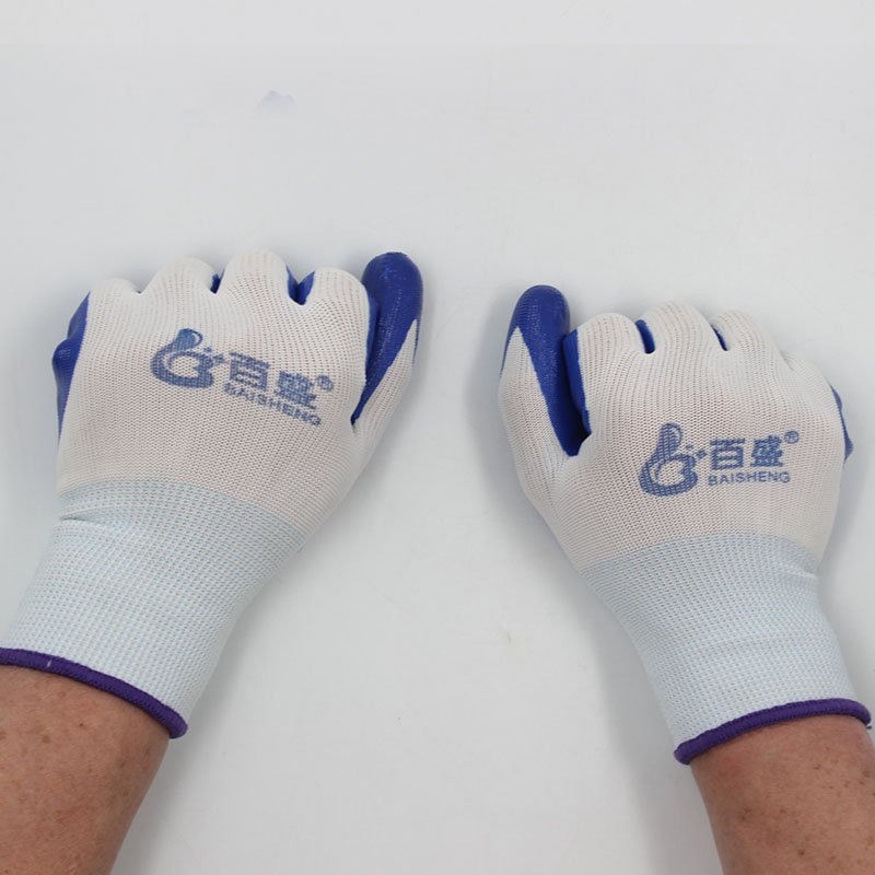 百盛丁腈挂胶手套尼龙夏季透气薄款半挂胶男士劳保耐油耐酸碱搬运