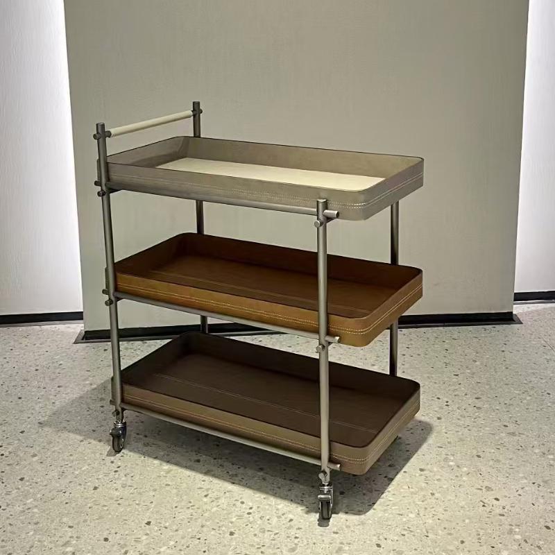 极简可移动沙发边几置物架设计师款轻奢马鞍皮小推车实木三层边几