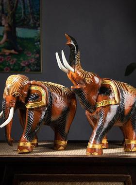 泰国整木雕刻大象摆件实木大象客厅桌面摆设玄关博古架电视柜装饰