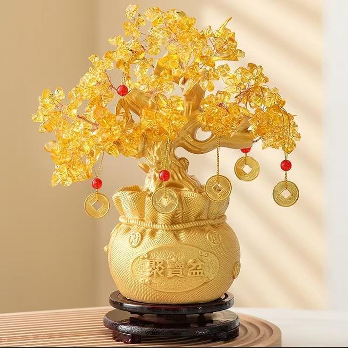 招财黄水晶发财树摆件酒柜装饰家居客厅玄关摇钱树开业乔迁礼物