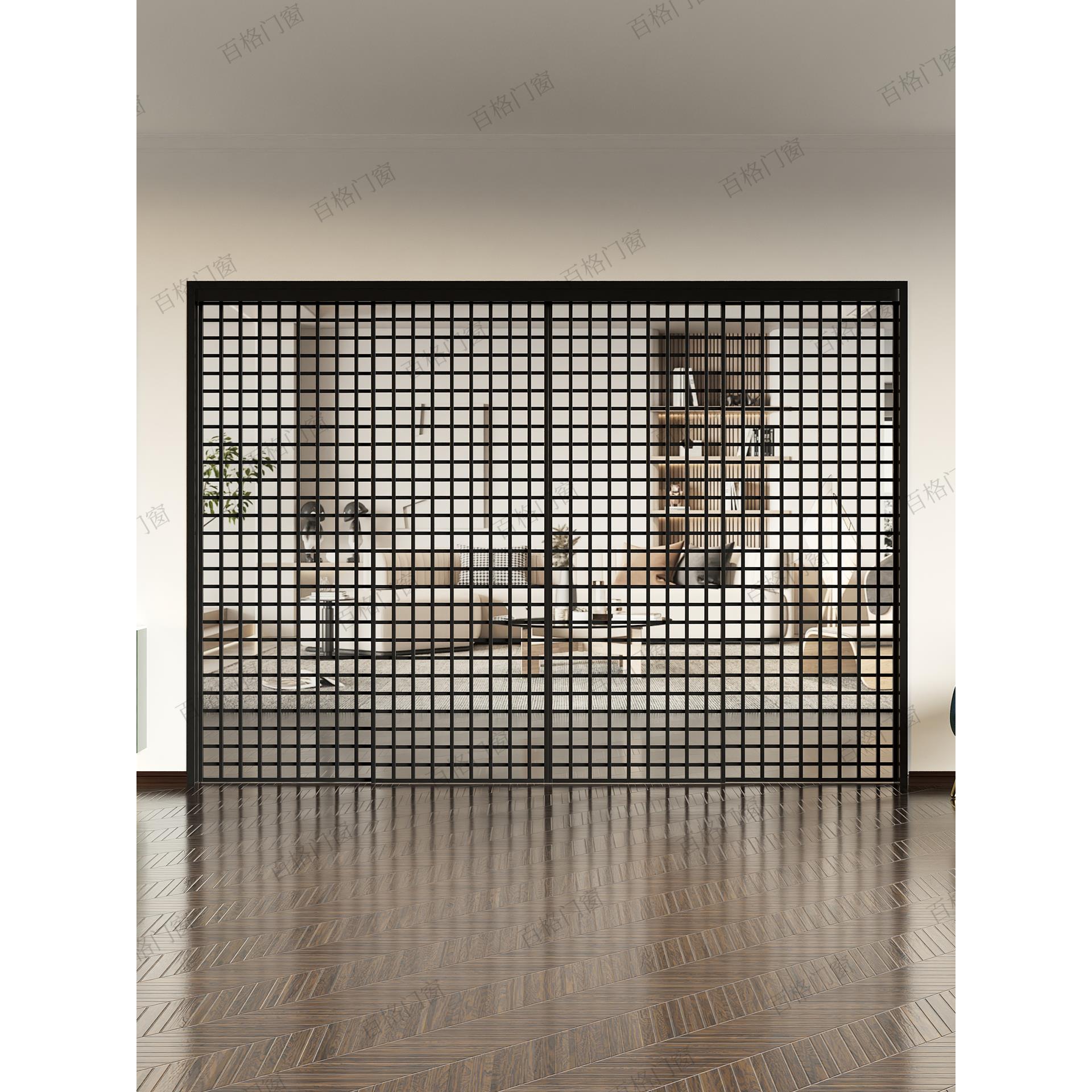 百格门窗推拉门定制极简门金属格栅门隔断侘寂风客厅玄关格子屏风