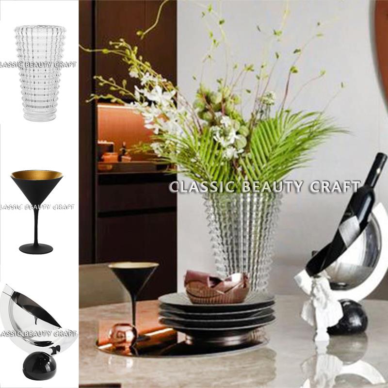 现代样板间餐桌软装摆件餐边柜搭配饰品水晶花瓶不锈钢果盘餐具