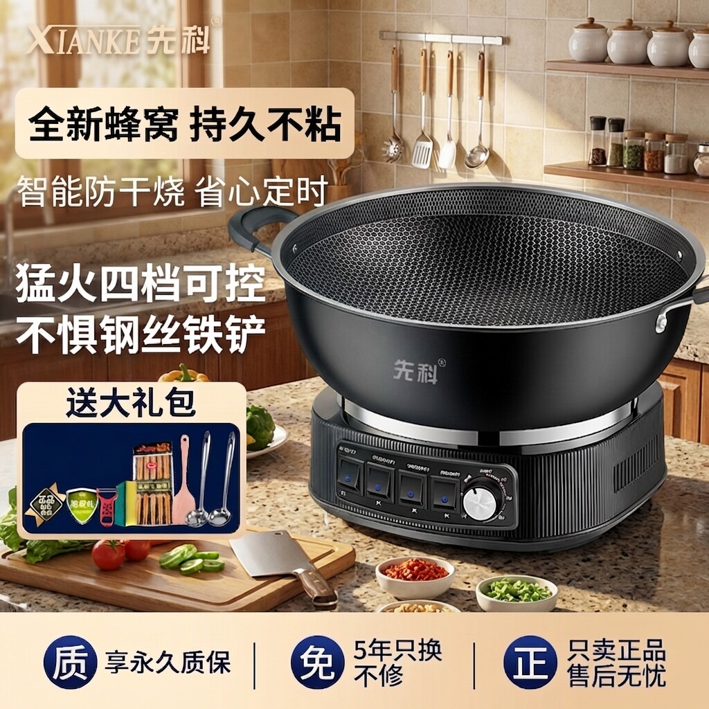 先科一体电炒锅蒸煮多功能不粘锅图片