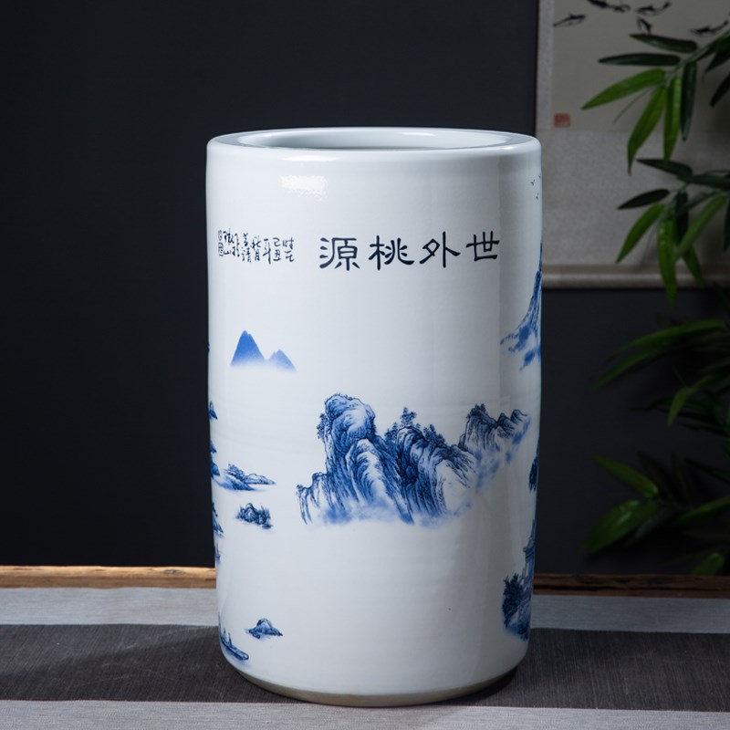 景德镇陶瓷器书画筒帽书房中式装饰摆设书画缸收纳卷轴青花瓷山水图片