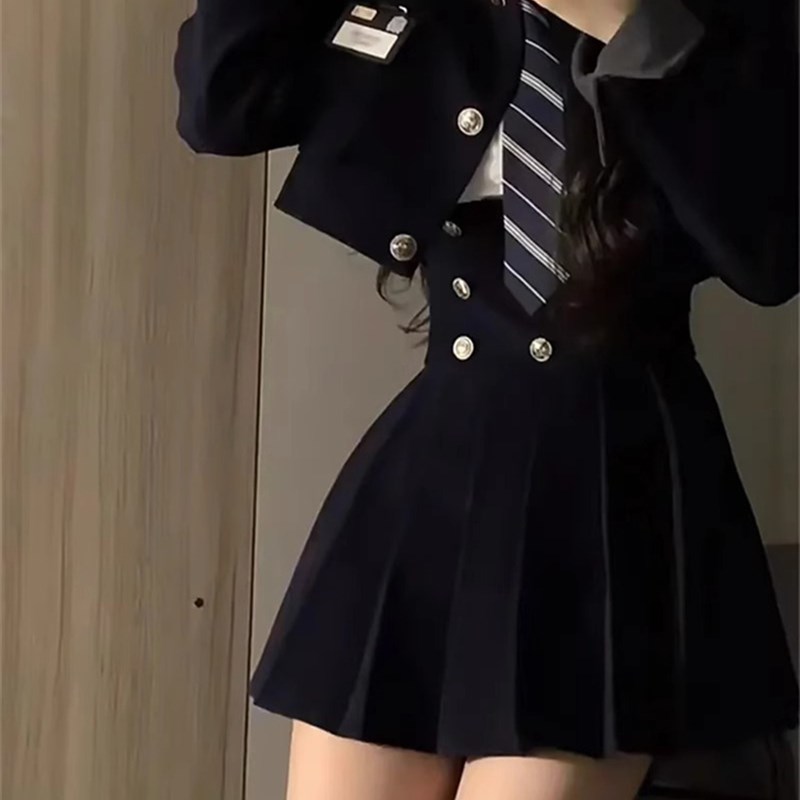 短款西装外套jk制服美式学院风套装女春秋款高腰显瘦百褶裙三件套
