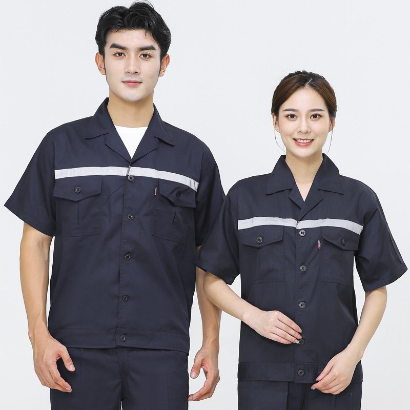 汽修厂服定制浅蓝工程套装物业保洁工人制服印字反光条涤棉上衣