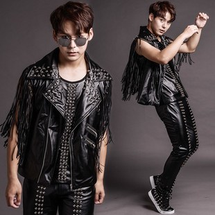 夜店酒吧男歌手演出服舞臺(tái)服裝 酷 潮鉚釘流蘇皮馬甲演唱服套裝