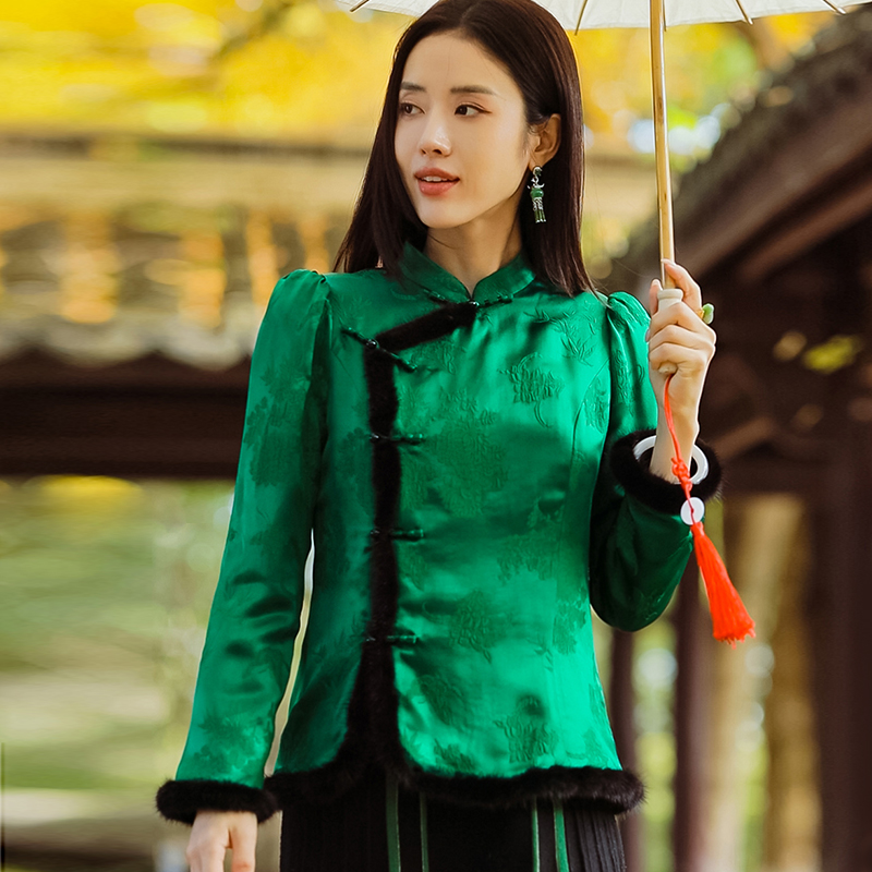 复古日记新中式绿色长袖国风女衬衫上衣237C6203