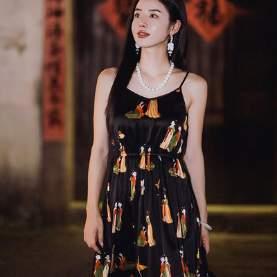 复古日记新中式桑蚕丝新品女士挂脖吊带露背修身连衣裙245L6443