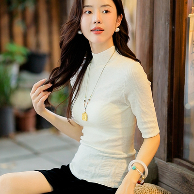 复古日记“行简”淡系中袖高领套头上衣修身针织打底衫25GM046