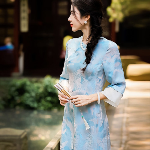 复古日记【如画】新中式桑蚕丝圆领夏季中国风女装连衣裙242L6348