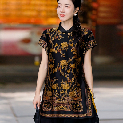 复古日记“夜华”100桑蚕丝双面缎香云纱定位印花旗袍裙25FL620