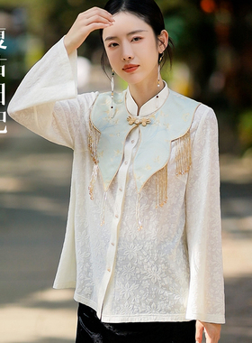 复古日记“素衣青兰”百搭宋锦云肩国风通勤绵羊毛白衬衫2E7C6810