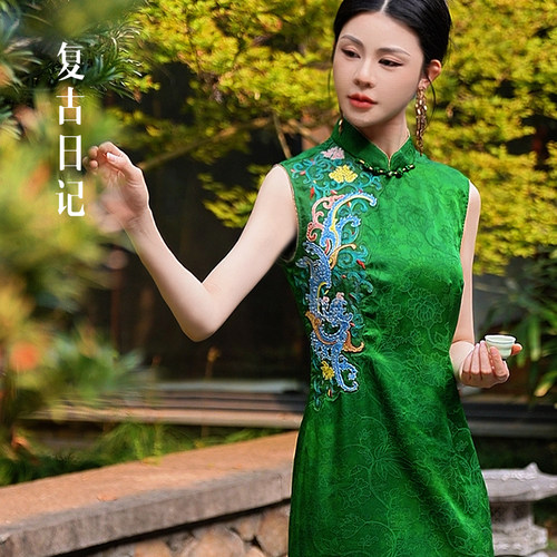 复古日记新中式桑蚕丝国风女装无袖旗袍连衣裙2FELS728