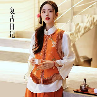 复古日记“山石牡丹”名家系列~上久楷宋锦真丝丝绒马夹2F1E16883