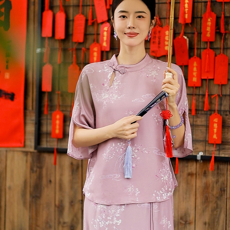 复古日记“桃花流水”双面穿真两件!鎏金提花缎手绘套装252A7606