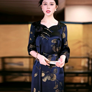 复古日记“柿柿如意”100桑蚕丝金通正绢V领国风连衣裙252L5615