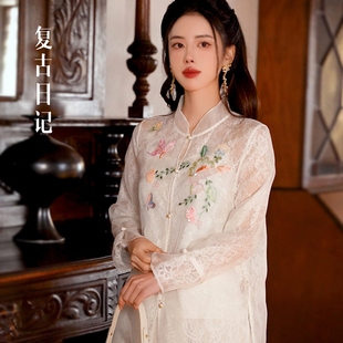 复古日记“金蝶海棠”100桑蚕丝欧根纱珠片绣睫毛蕾丝衬衫2FEC661