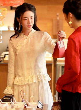复古日记“马上有钱花”早春新品~桑蚕丝提花法绣国风衬衫2EEC650