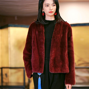 外套24HW626 新中式 复古日记2024年冬季 安哥拉红水貂大衣女装