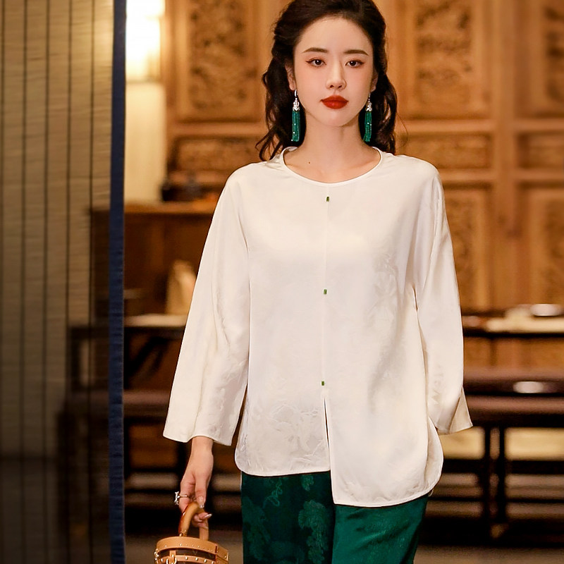 复古日记100桑蚕丝圆领秋季长袖新中式国风女装上衣245c6459