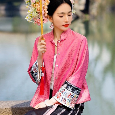 复古日记新中式长袖立领桑蚕丝夏季薄款两穿上衣女外套241W6292